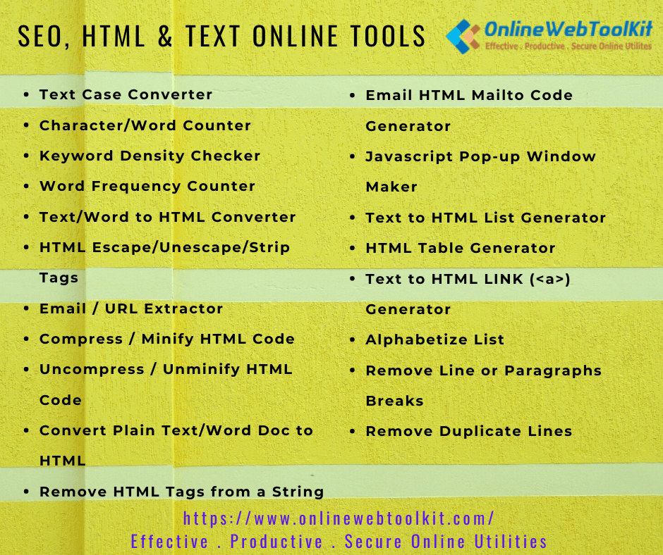 SEO, HTML and TEXT Tools List